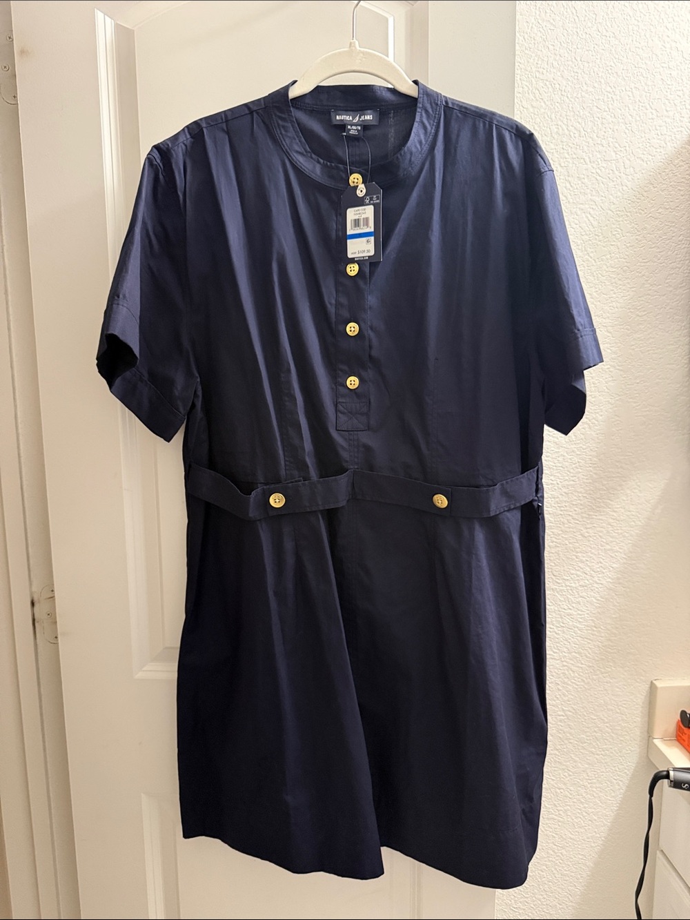 Nautica Navy Short-Sleeve Midi Dress with Gold Buttons